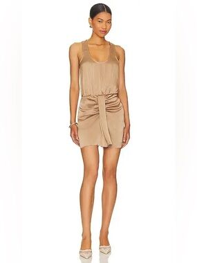 L'Academie Taupe Satin Mini Dress with Front Tie